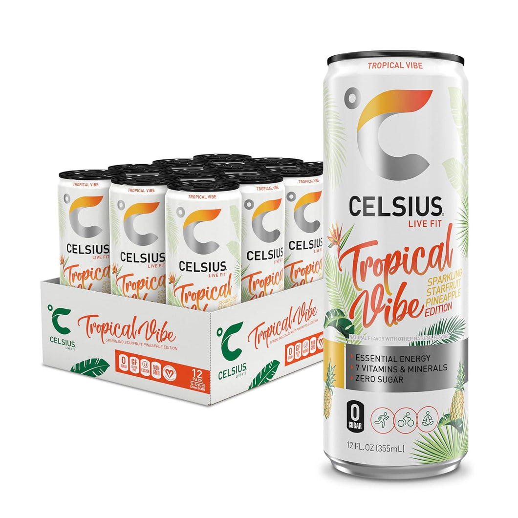 CELSIUS Sparkling Energy Drink, Tropical Vibe, 12oz (Pack of 12)