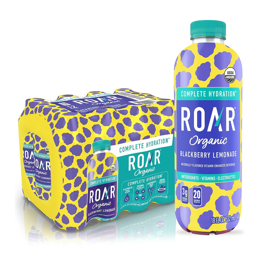 ROAR Complete Hydration Organic Drink, Blackberry Lemonade, 18 oz (Pack of 12)
