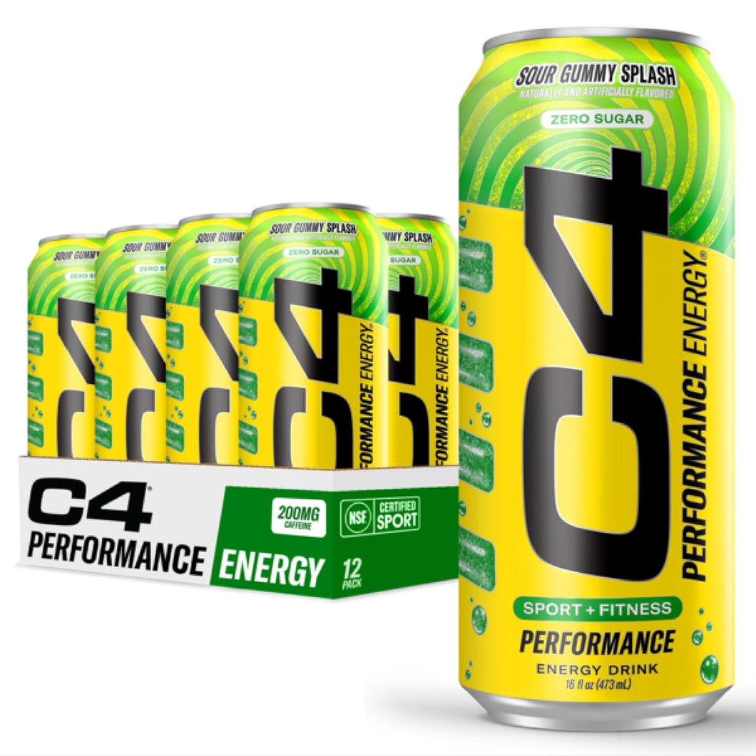 Cellucor C4 Performance Zero Sugar Energy Drink, Sour Gummy Splash, 16oz (Pack of 12)