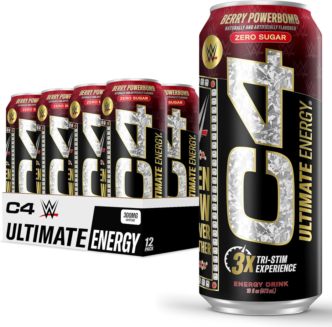 C4 Ultimate Sugar-Free Energy Drink, Berry Powerbomb, 16oz (Pack of 12)