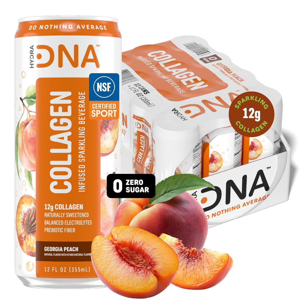 HydraDNA Collagen Infused Sparkling Drink, Peach, 12oz (Pack of 12)