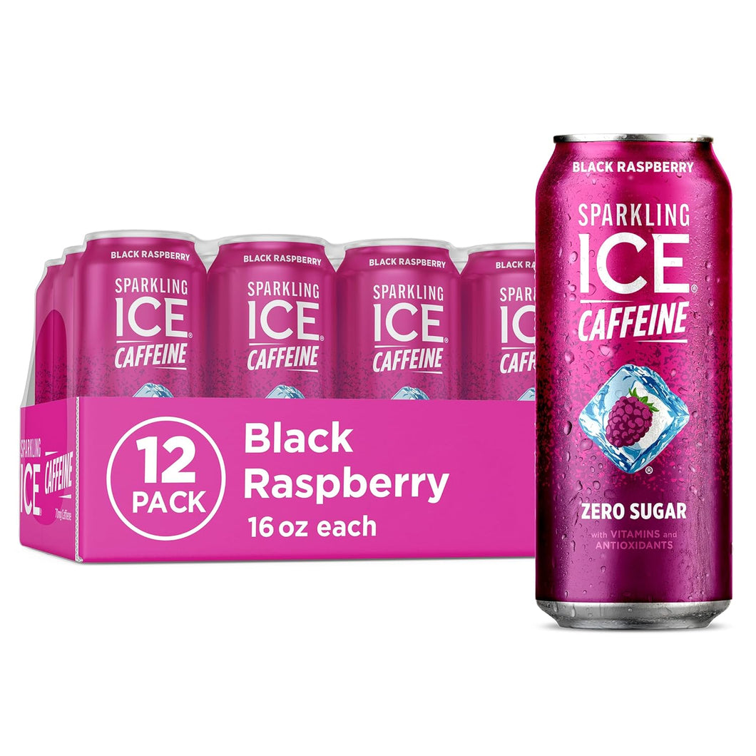 Sparkling ICE Sparkling Water with Caffeine, Black Raspberry, 16oz Cans (Pack Of 12)