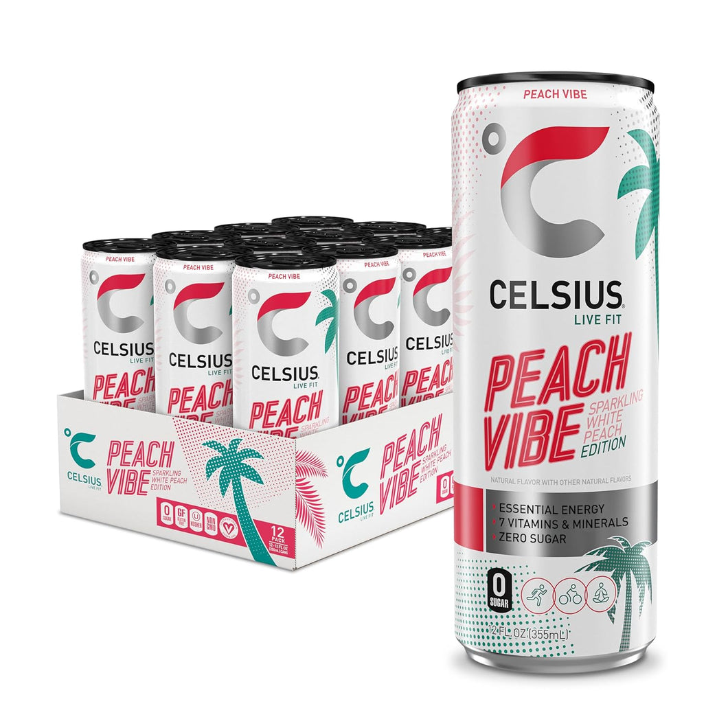 CELSIUS Sparkling Energy Drink, Peach Vibe, 12oz (Pack of 12)