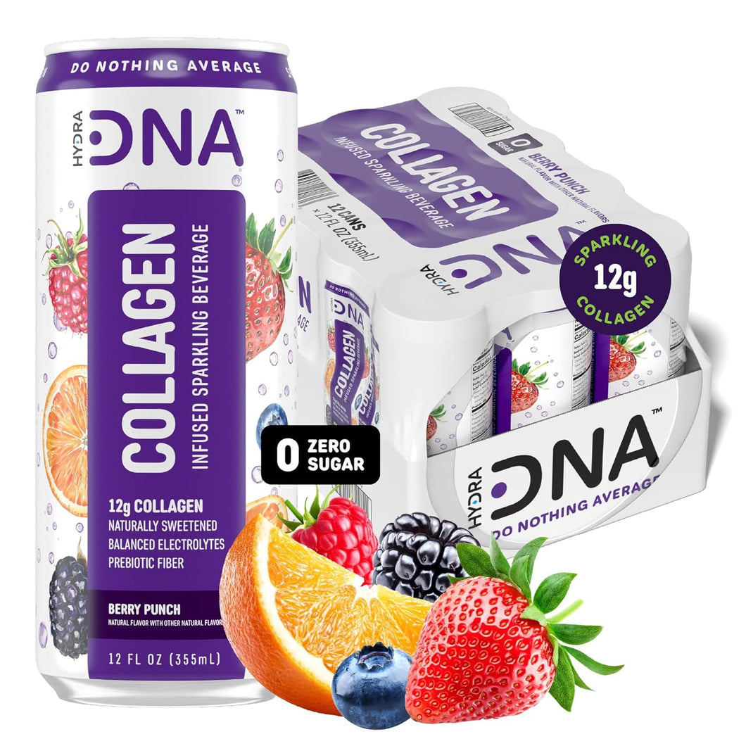 HydraDNA Collagen Infused Sparkling Drink, Berry Punch, 12oz (Pack of 12)