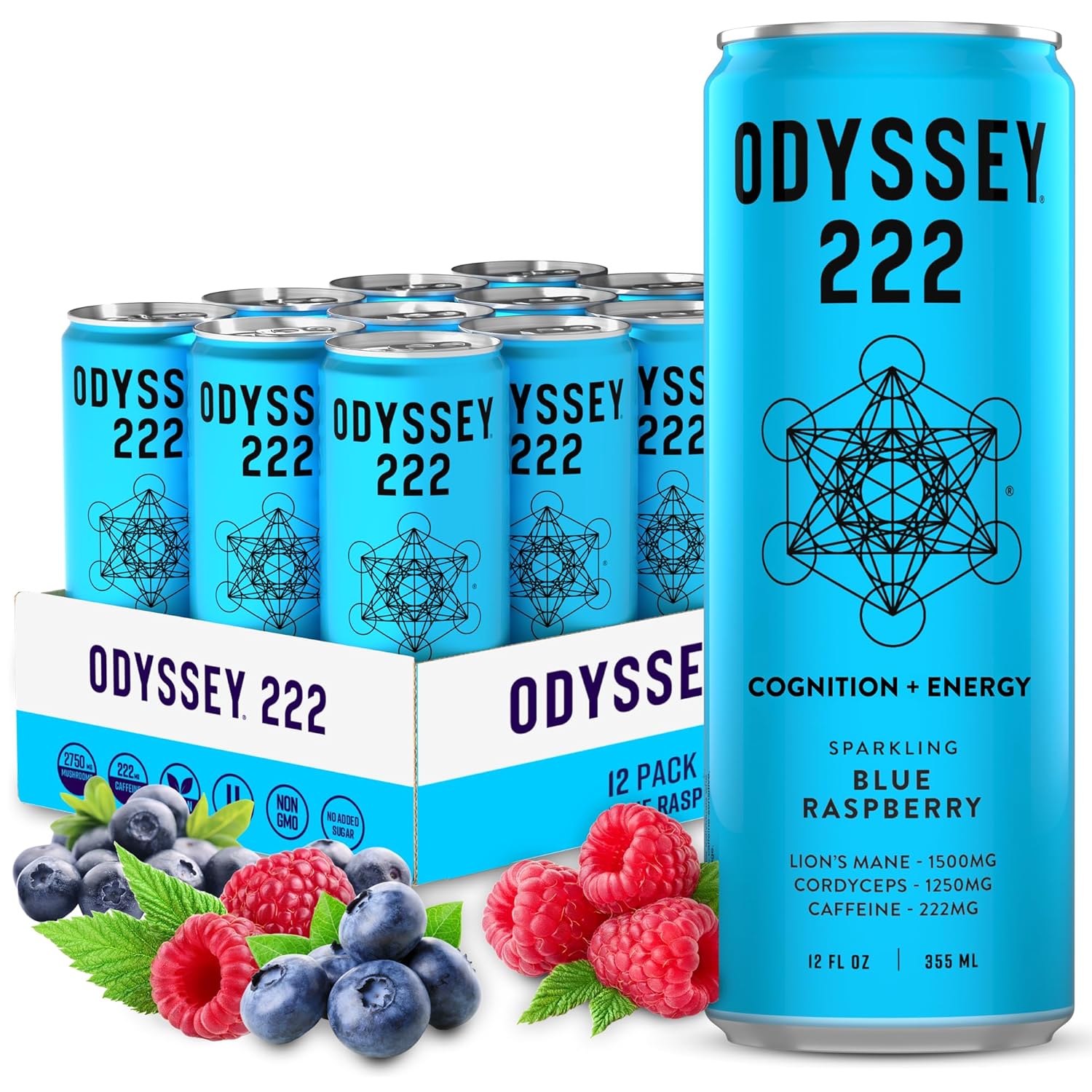 Odyssey 222 Sparkling Energy Drink, Blue Raspberry, 12oz (Pack of 12 ...