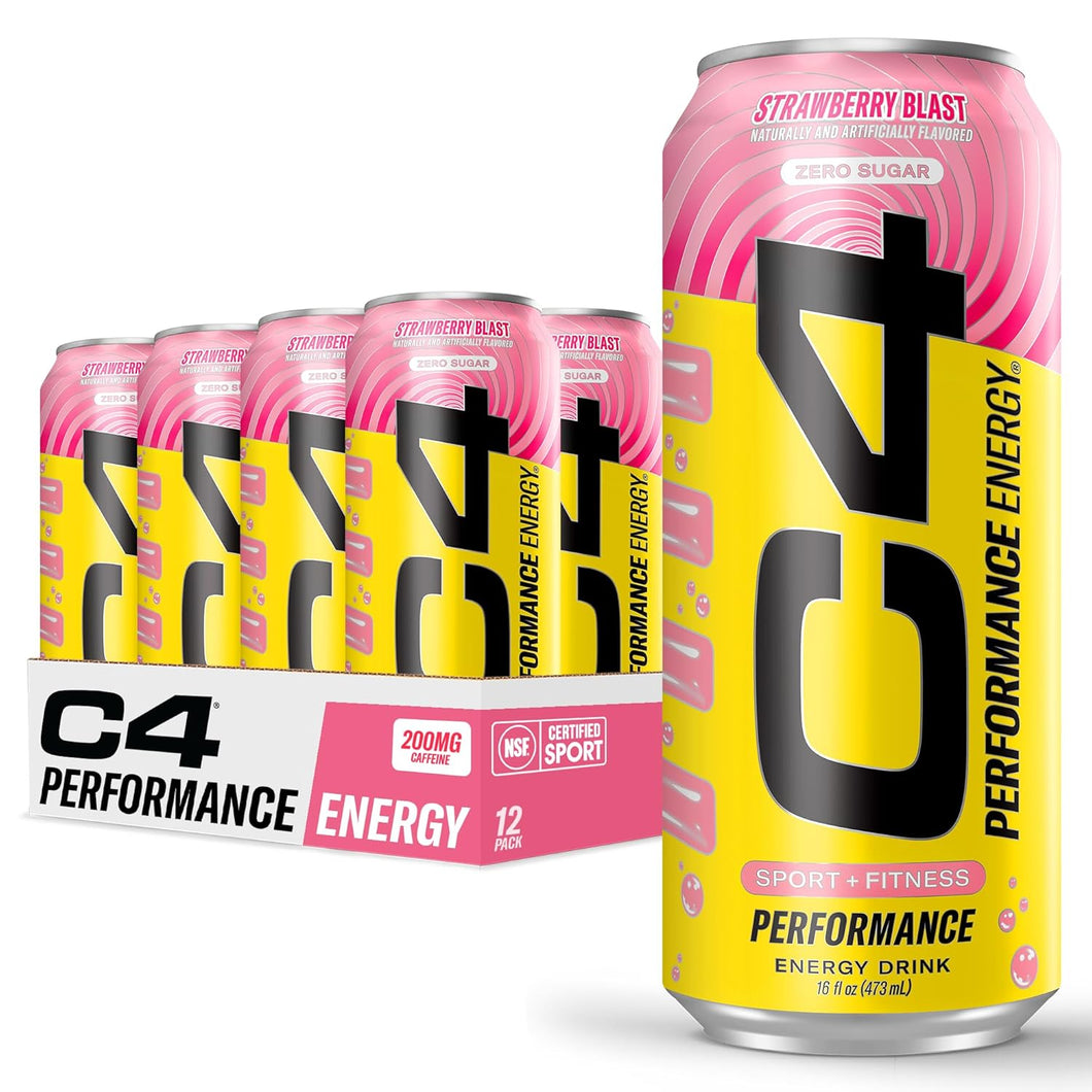 Cellucor C4 Performance Zero Sugar Energy Drink, Strawberry Blast, 16oz (Pack of 12)