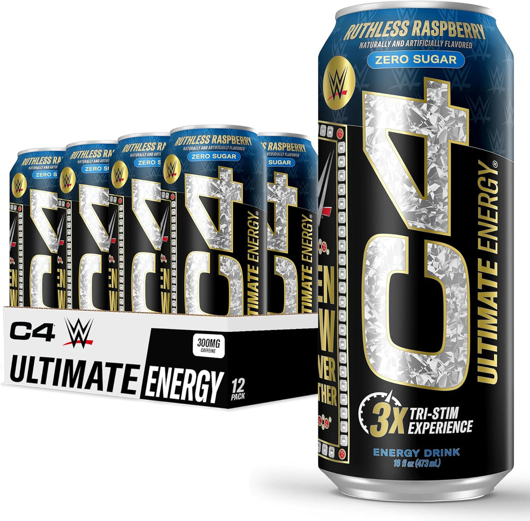 C4 Ultimate Sugar-Free Energy Drink, Ruthless Raspberry, 16oz (Pack of 12)
