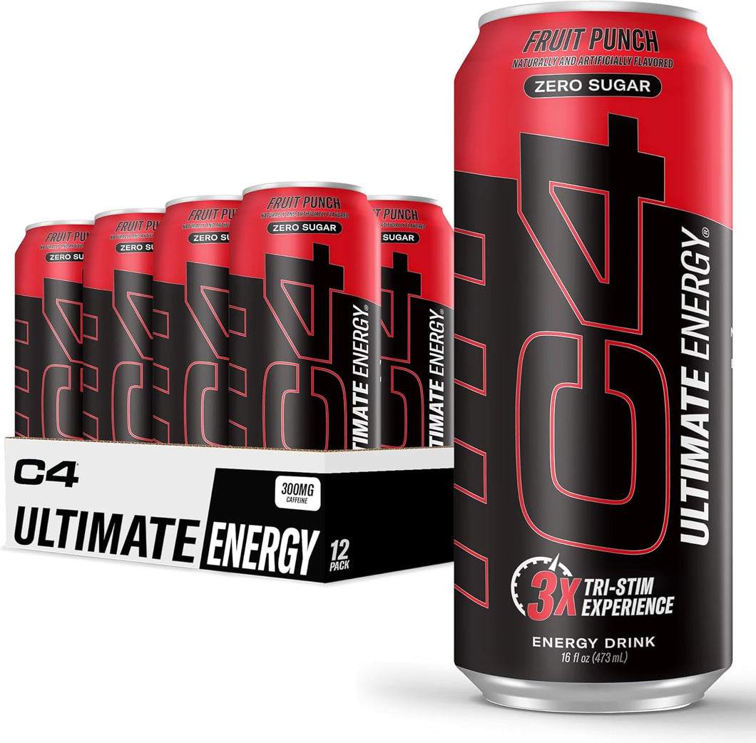 C4 Ultimate Sugar-Free Energy Drink, Fruit Punch, 16oz (Pack of 12)