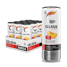 Load image into Gallery viewer, CELSIUS Sparkling Fitness Drink, Raspberry Peach, 12oz Slim Can (Pack of 12)
