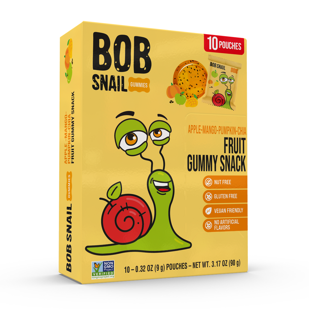 BOB SNAIL Fruit Gummy Snack, Apple Mango Pumpkin Chia, 0.32oz - 10 Pouches Per Box