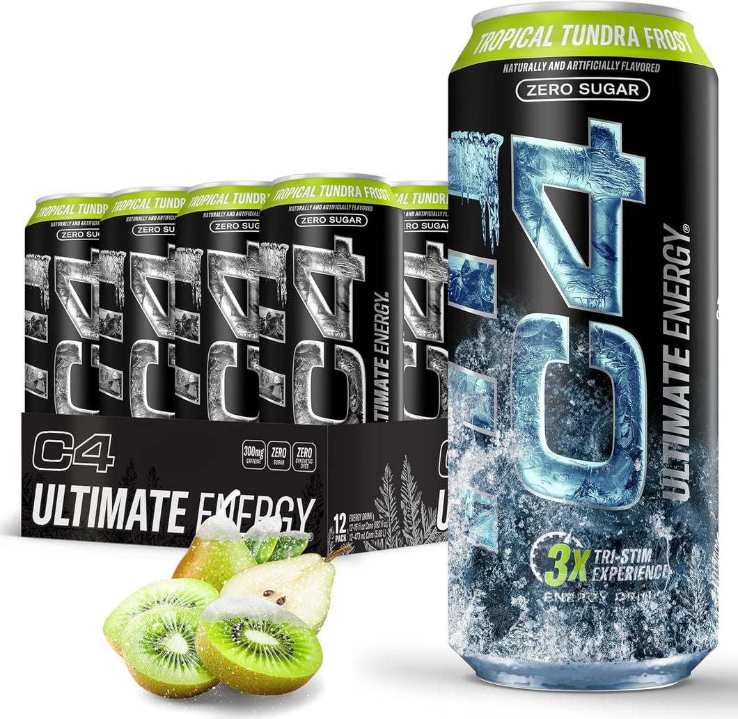 C4 Ultimate Sugar-Free Energy Drink, Tropical Tundra Plus, 16oz (Pack of 12)