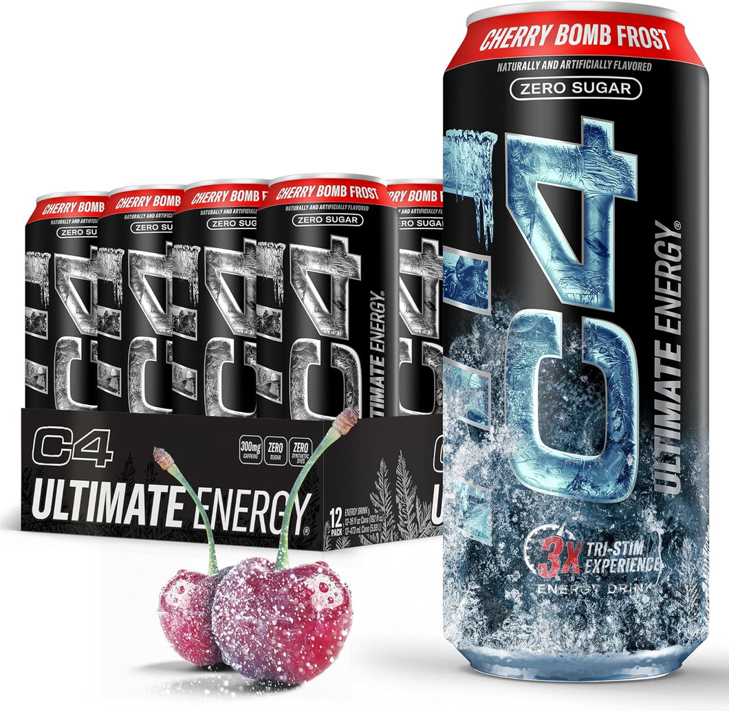 C4 Ultimate Sugar-Free Energy Drink, Cherry Bomb Frost, 16oz (Pack of 12)