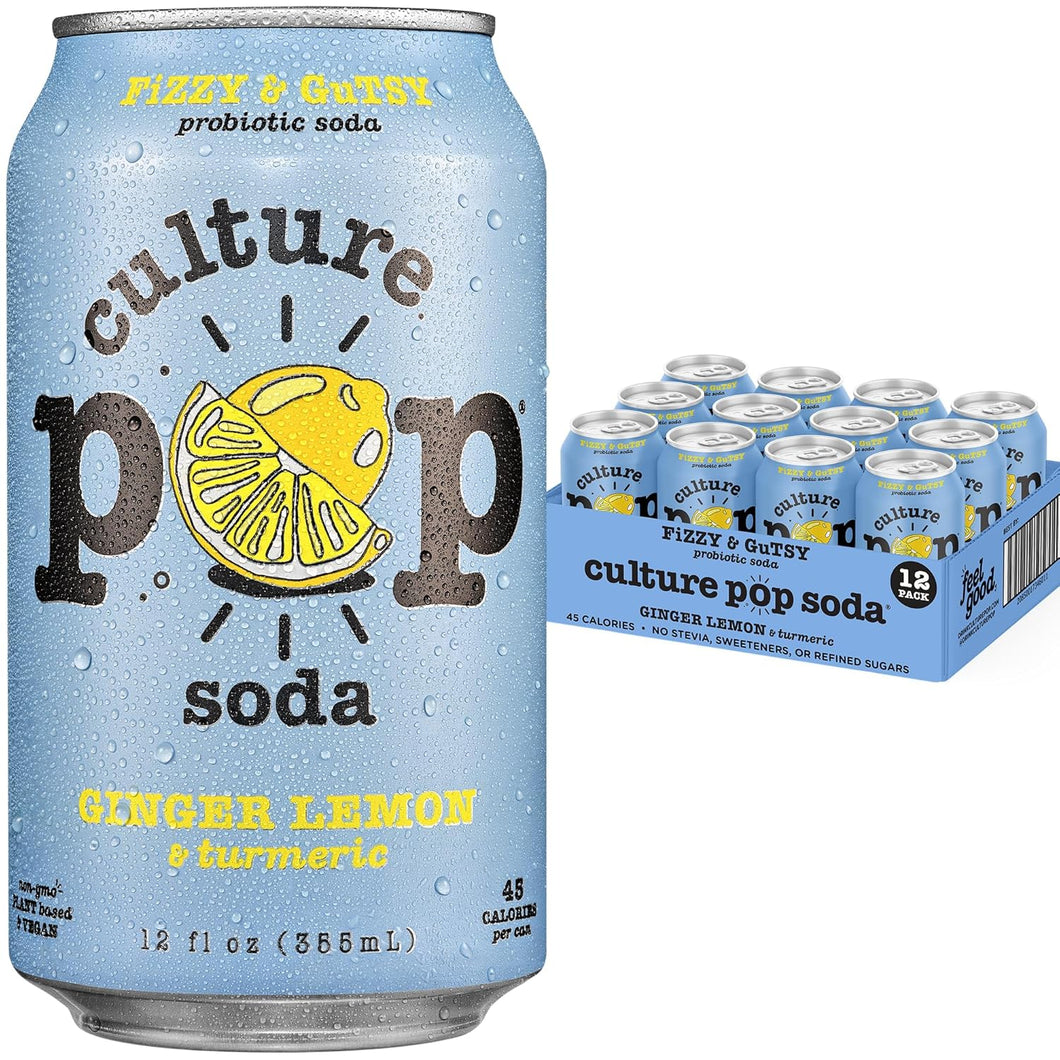 Culture Pop Sparkling Probiotic Soda, Ginger Lemon, 12oz (Pack of 12)