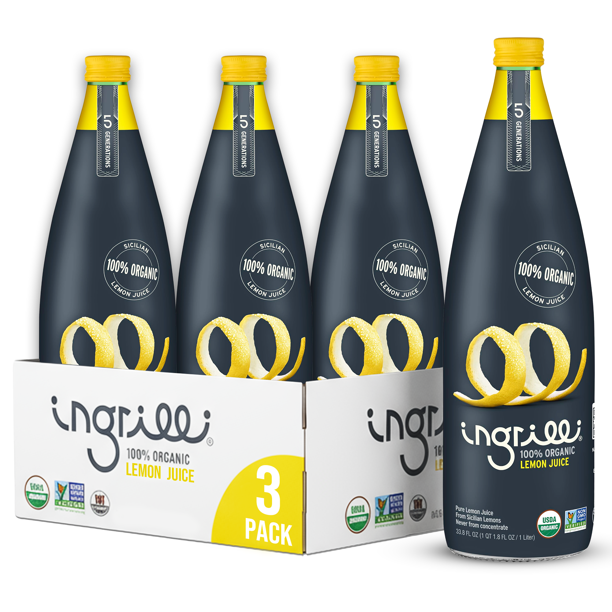 Ingrilli 100% Organic Lemon Juice, 33.8 Fl Oz Glass Bottle - Multi