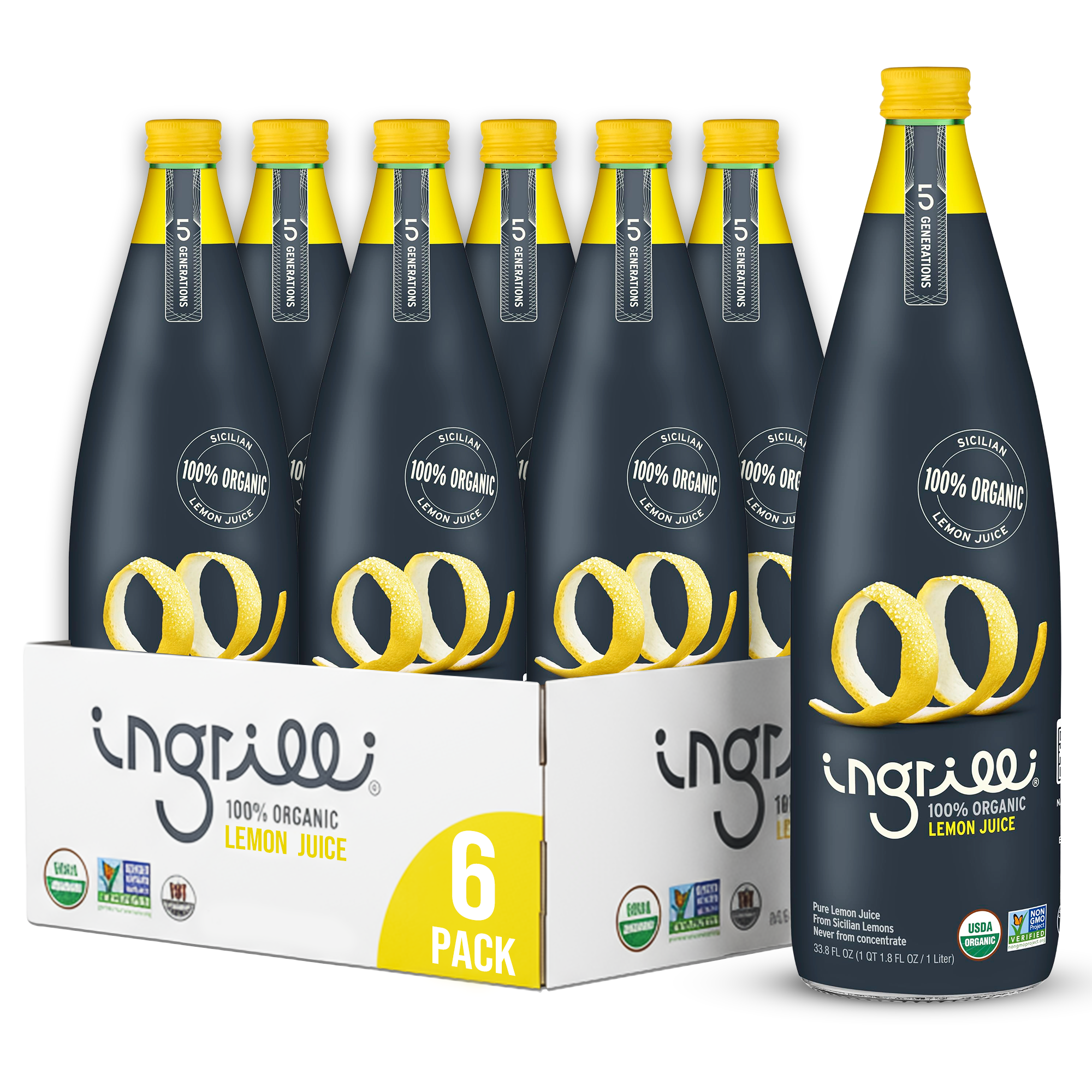 Ingrilli 100% Organic Lemon Juice, 33.8 Fl Oz Glass Bottle - Multi