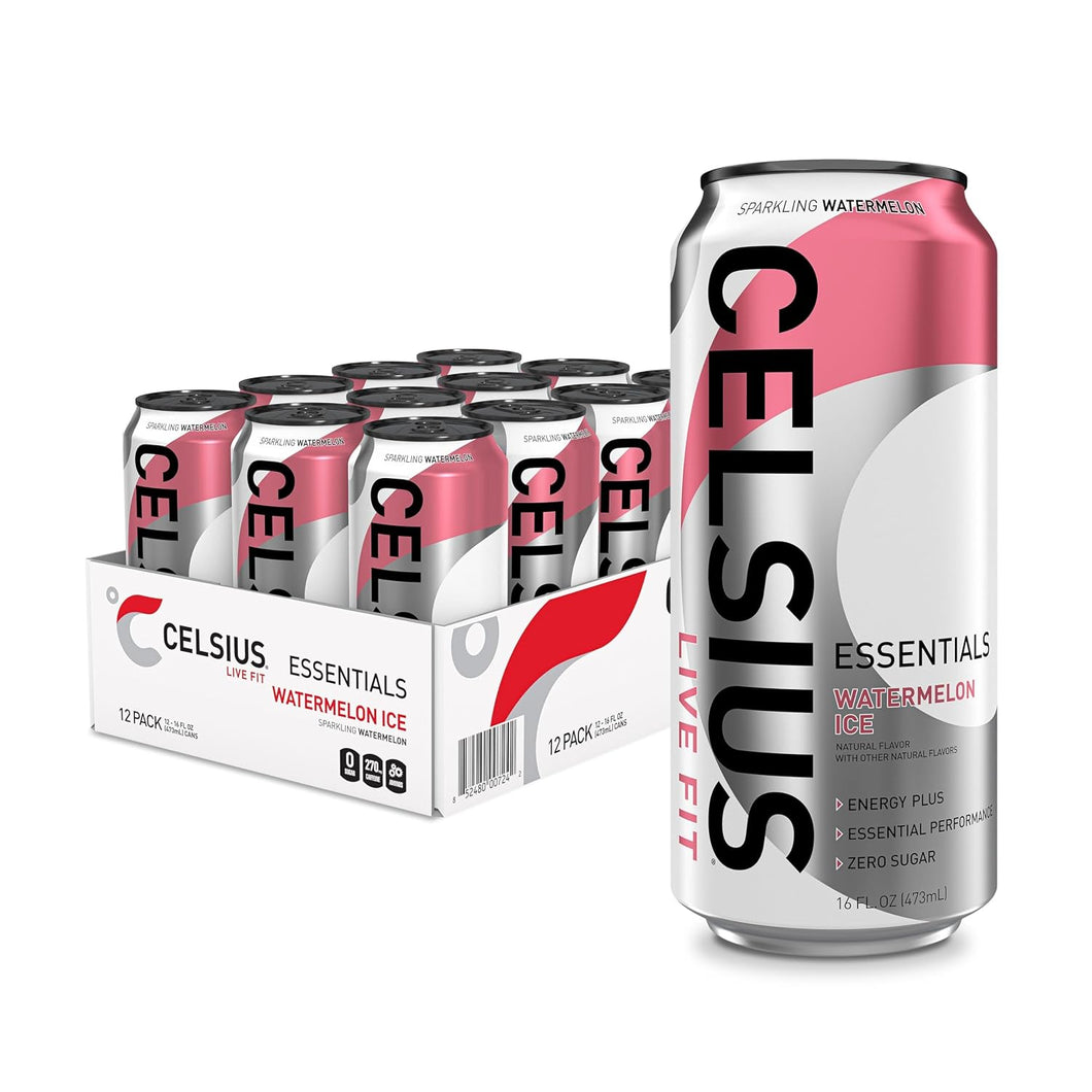 CELSIUS ESSENTIALS Sparkling Energy Drink, Watermelon Ice, 16oz (Pack of 12)