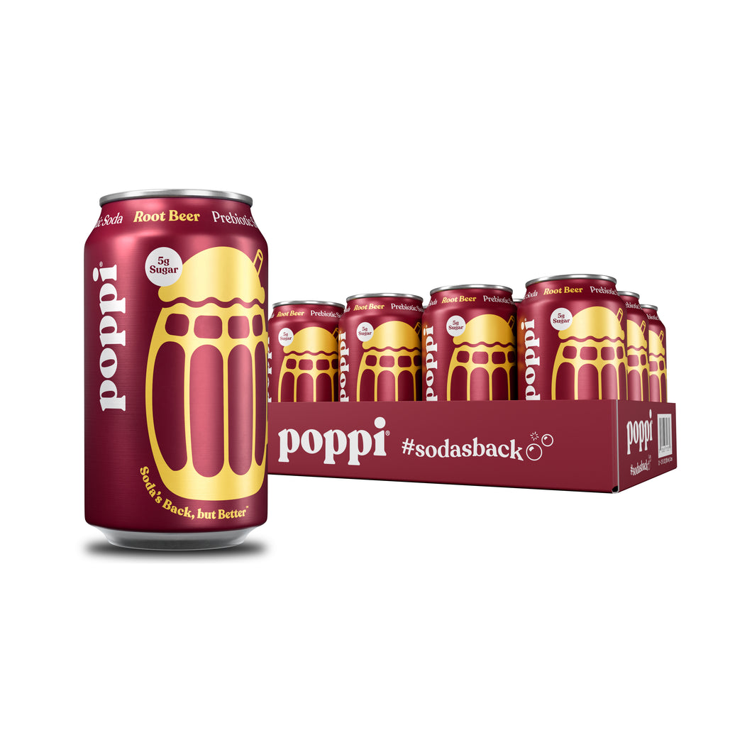 Poppi Prebiotic Soda, Root Beer, 12oz (Pack of 12)