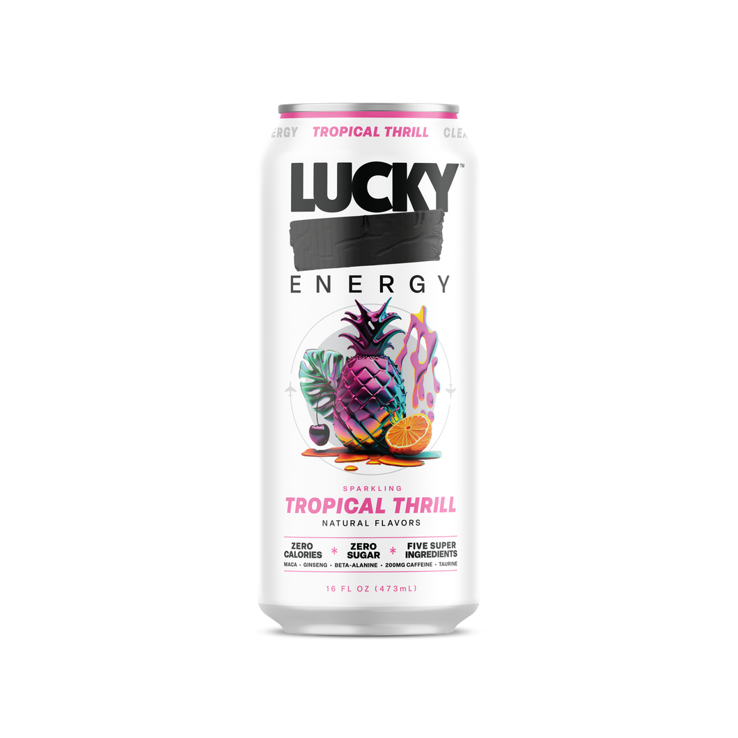 Lucky Energy Sparkling Energy Drink, Tropical Thrill, 16oz (Pack of 12)