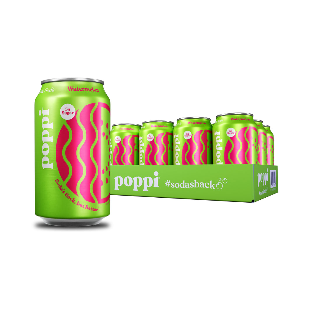 Poppi Prebiotic Soda, Watermelon, 12 oz (Pack of 12)