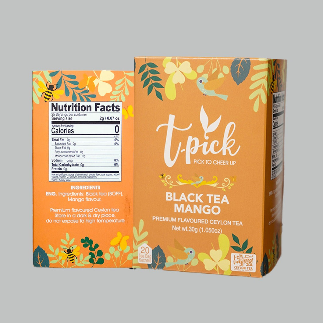 T-pick Premium Flavored Ceylon Tea, Black Tea Mango, 30g, 20 Tea Bags
