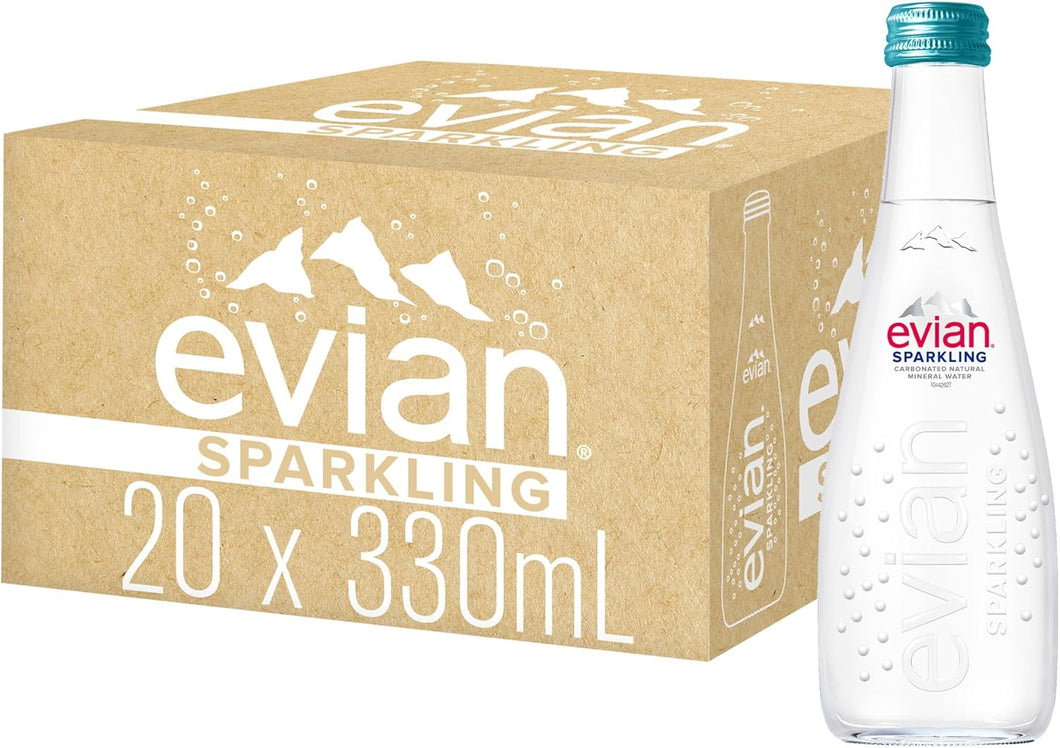 Evian Natural Sparkling Carbonated Water, 11.1 Fl Oz Glass Bottles (Pack of 20)