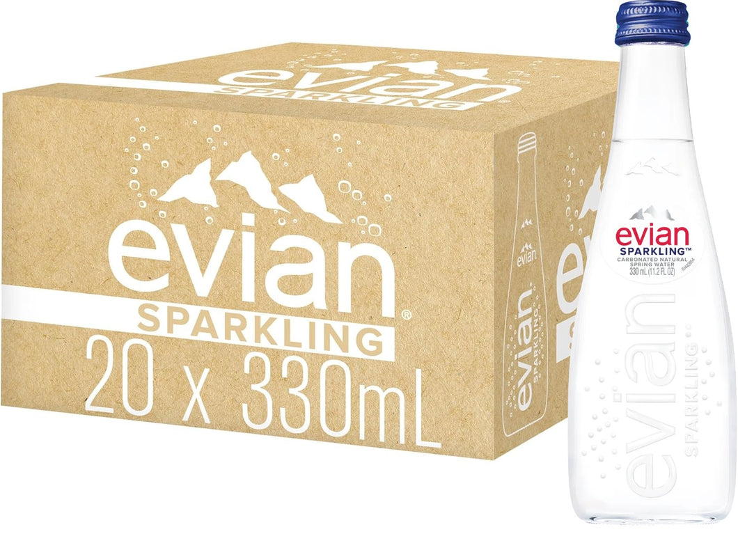 Evian Natural Sparkling Carbonated Water, 11.1 Fl Oz Glass Bottles (Pack of 20)