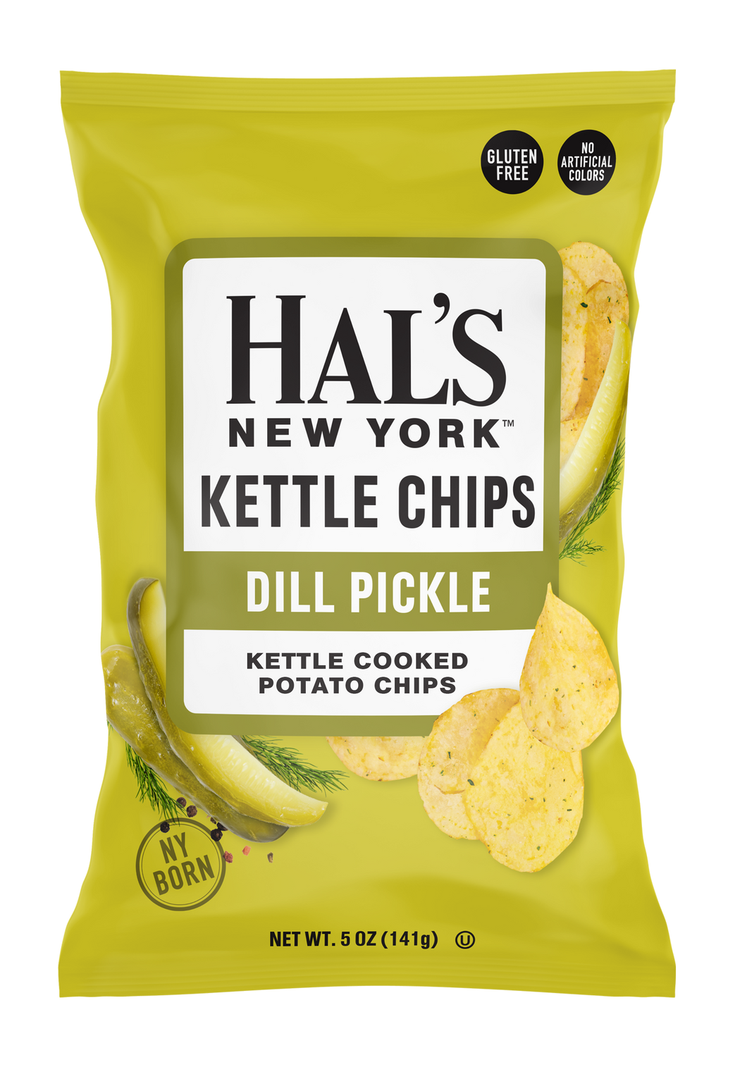 Hal's New York Kettle Cooked Gluten Free Potato Chips, Dill Pickle, 5oz (Pack of 12)