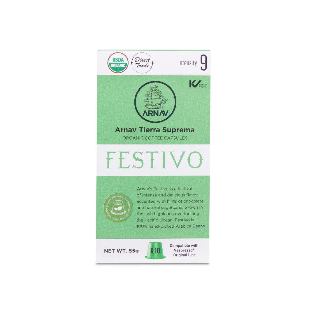 Arnav 100% Pure Arabica Organic Coffee Capsules, Festivo, 1 Box (10 Capsules) - Oasis Snacks