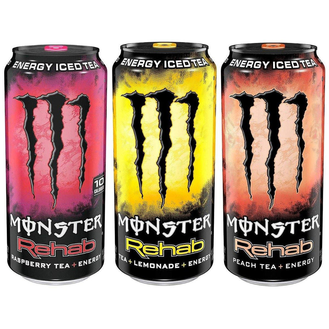 Monster Rehab Tea + Energy Drink, 3 Flavor Variety, 15.5 oz (Pack of 24) - Oasis Snacks