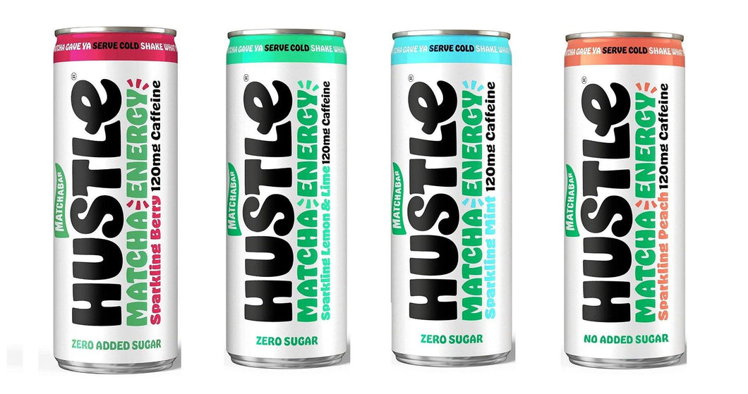 MatchaBar Hustle Drink 12oz 4 FLAVOR VARIETY 12 Pack (THREE OF EACH: Berry, Lemon Lime, Mint, Peach) - Oasis Snacks