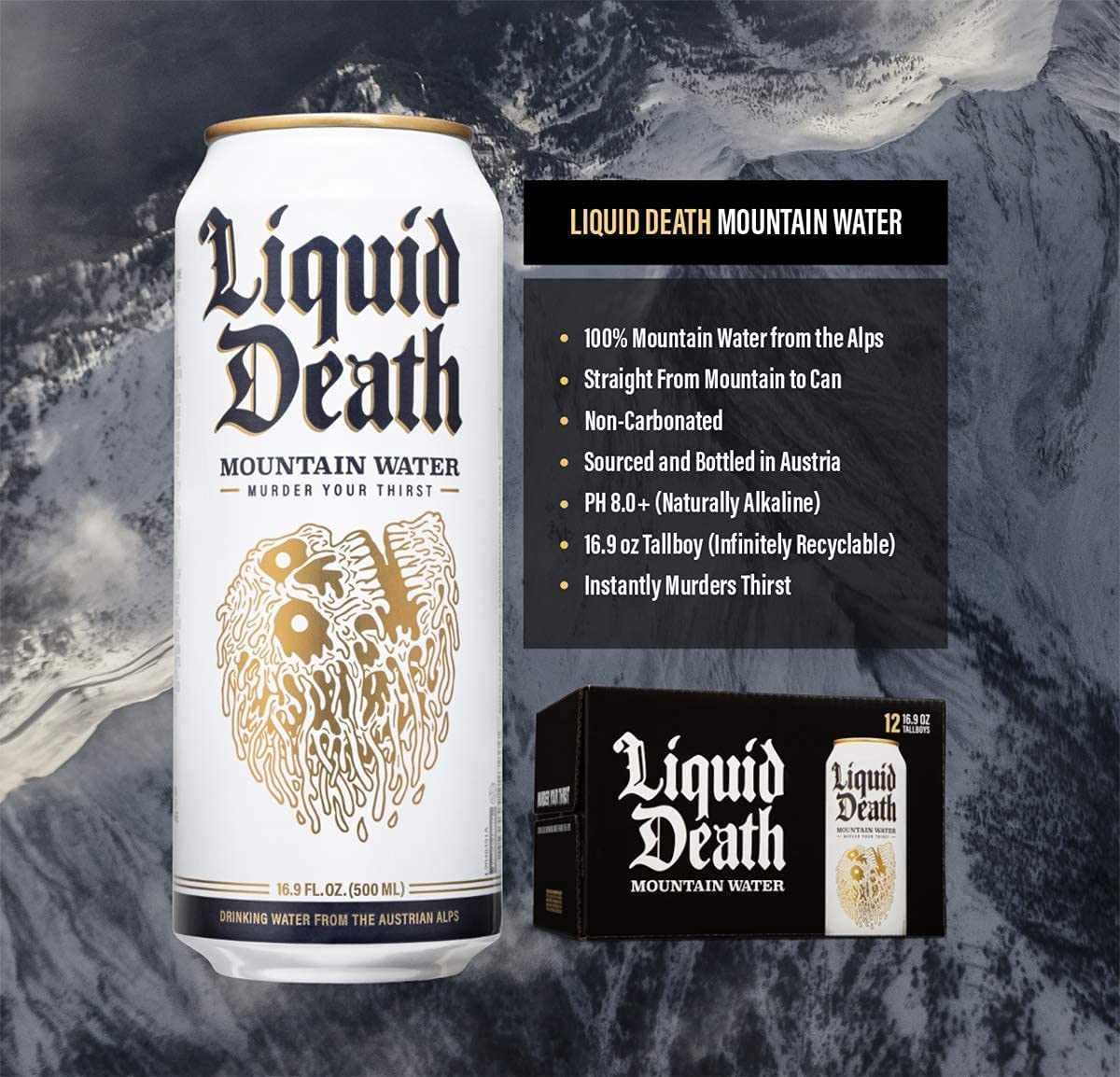 Liquid Death Mountain Water, 16.9oz (Pack of 12)