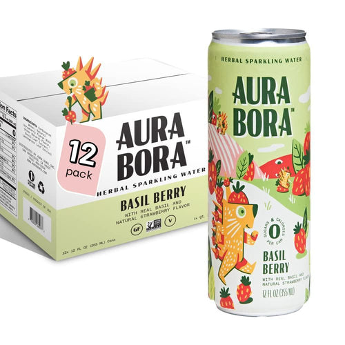 Aura Bora Herbal Sparkling Water, Basil Berry, 12oz (Pack of 12) - Oasis Snacks