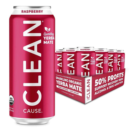 Clean Cause Sparkling Yerba Mate, Raspberry, 16oz (Pack of 12) - Oasis Snacks