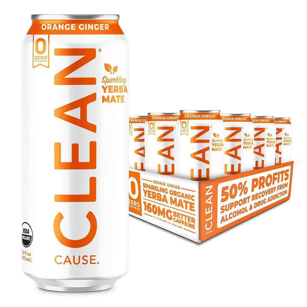 Clean Cause Zero Sparkling Yerba Mate, Orange Ginger, 16oz (Pack of 12) - Oasis Snacks