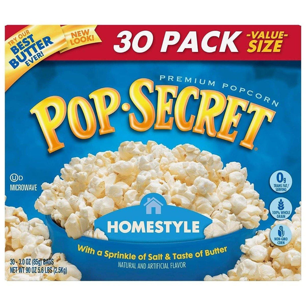 Pop Secret Microwave Popcorn, Homestyle, 3 Ounce Bags, 30 Count Box - Oasis Snacks