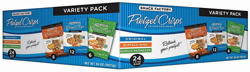 Snack Factory Pretzel Crisps Variety Pack; Original, Buffalo Wing, Garlic Parmesan 1.5 Ounce bags, 24 Count - Oasis Snacks