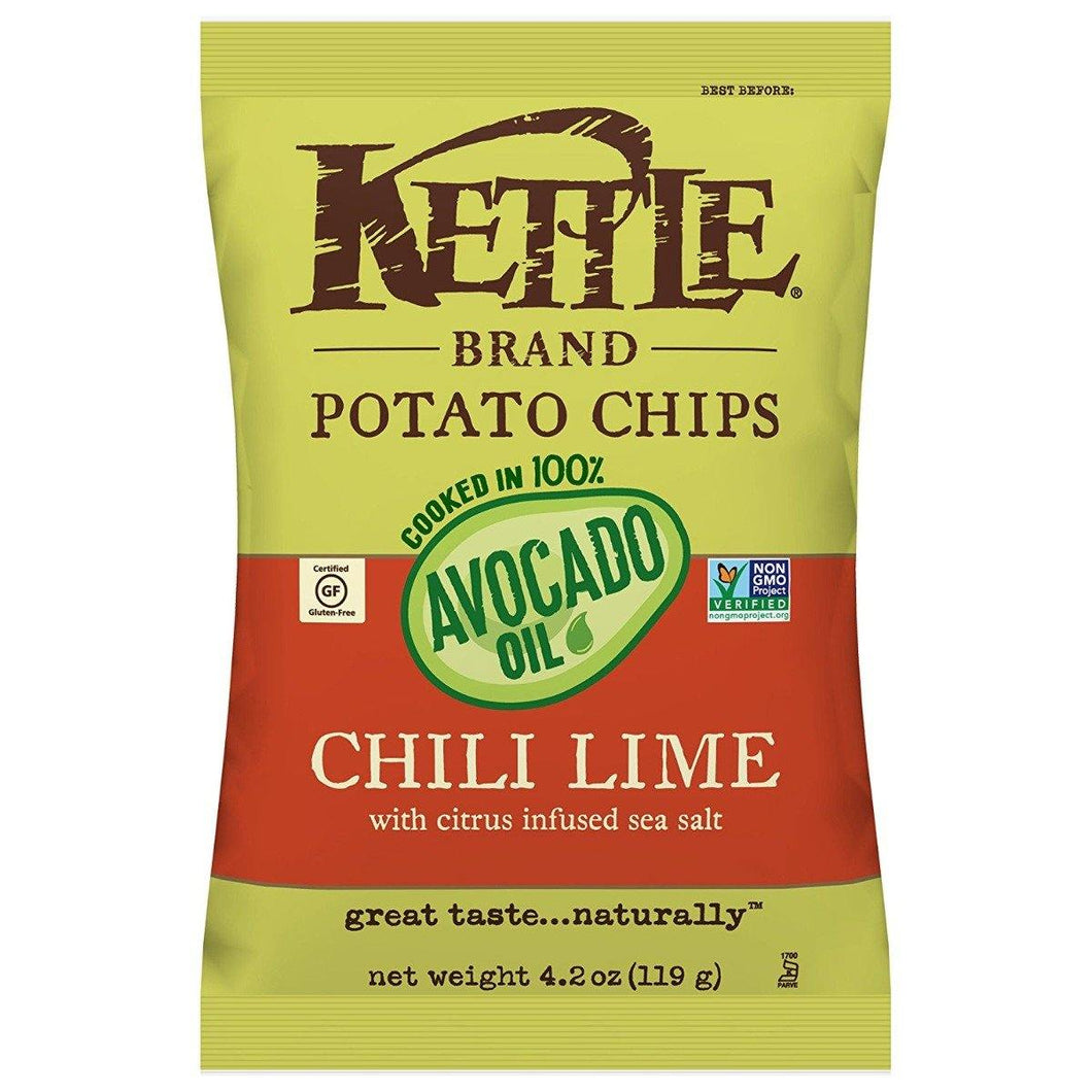 Kettle Brand Potato Chips, 100% Avocado Oil Chili Lime, 4.2 Ounce (Pack of 15) - Oasis Snacks