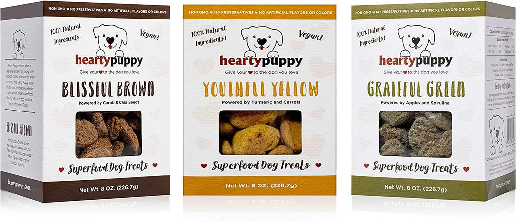Heart Puppy Dog Treats 8oz 3 FLAVOR VARIETY 3 Pack (ONE OF EACH: Brown, Yellow, Green) - Oasis Snacks