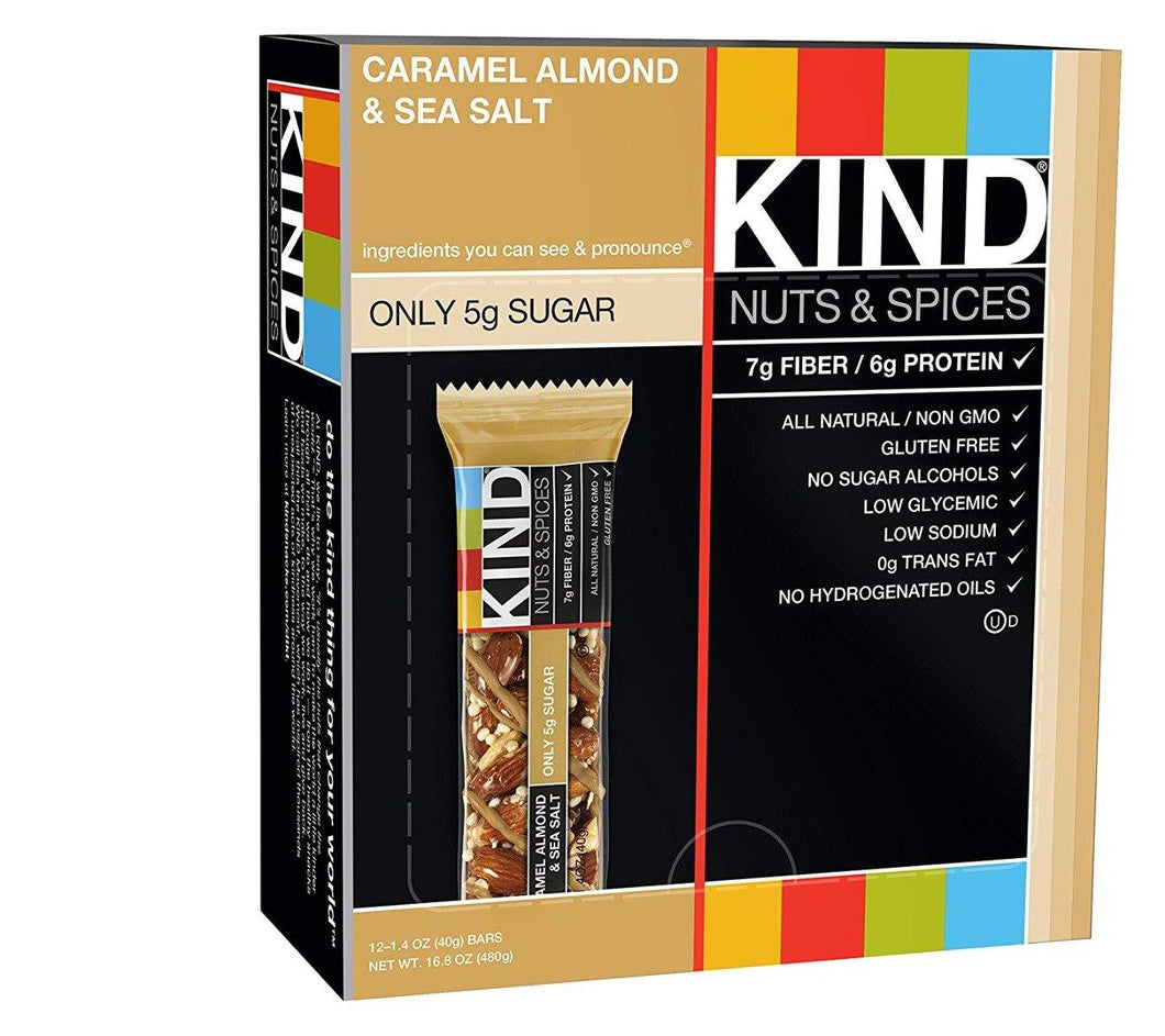 KIND Bars, Caramel Almond and Sea Salt, Gluten Free, 1.4 Ounce Bars, 12 Pack - Oasis Snacks