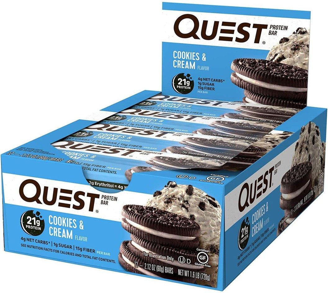 Quest Nutritional 21g Protein Bars, Cookies & Cream, 2.12oz (Pack of 12) - Oasis Snacks