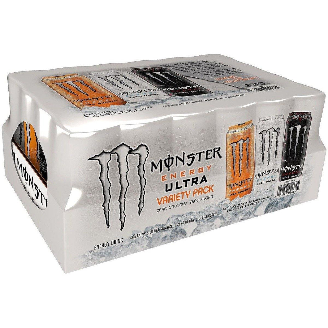 Monster Energy Ultra Variety Pack, Ultra Sunrise, Ultra Black, Zero Ultra,16 oz Cans (Pack of 24) - Oasis Snacks