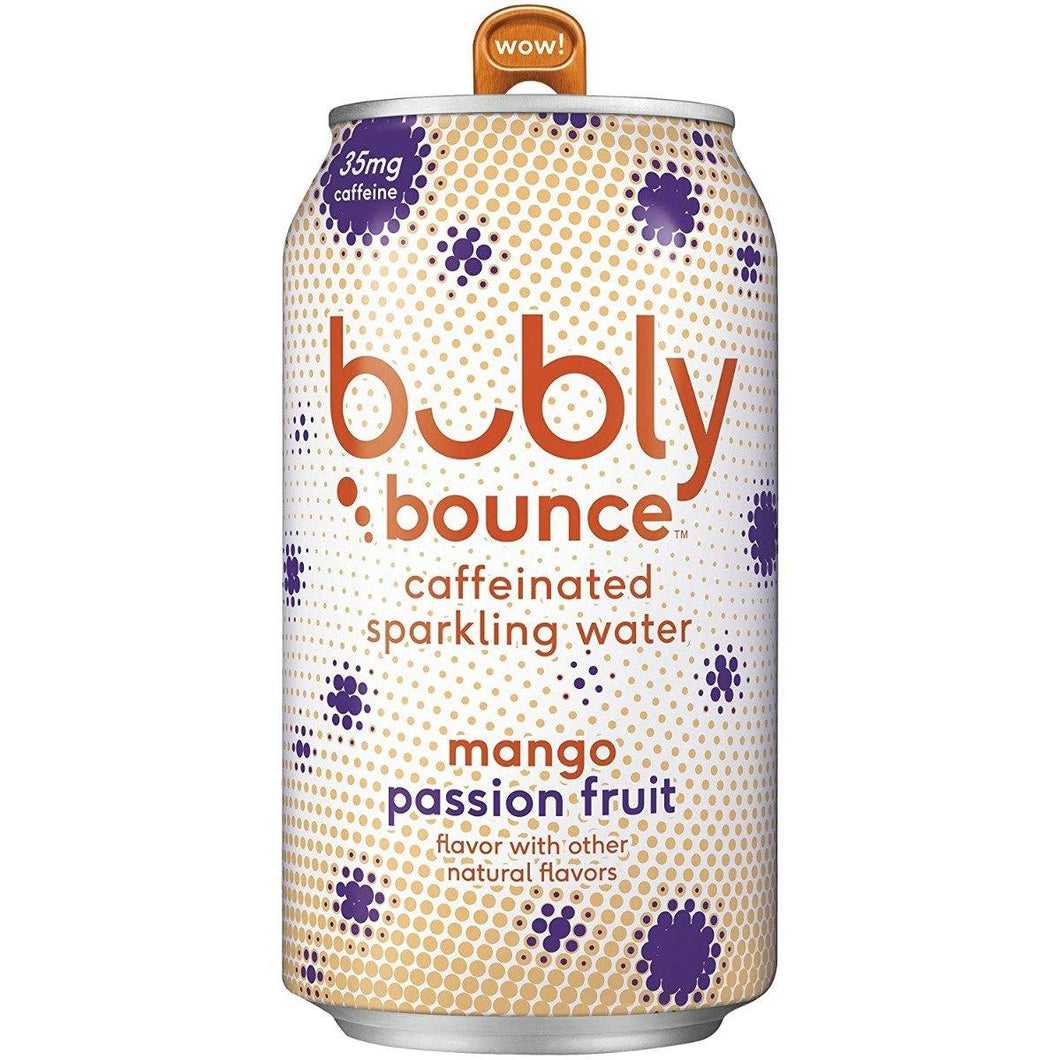 Bubly Bounce Caffeinated Sparkling Water, Mango Passion Fruit, 12oz (Pack of 12) - Oasis Snacks