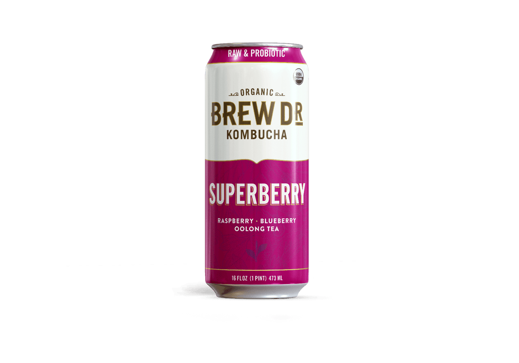 Brew Dr. Organic Kombucha Drink, Superberry, 16 fl oz Cans (Pack of 12) - Oasis Snacks