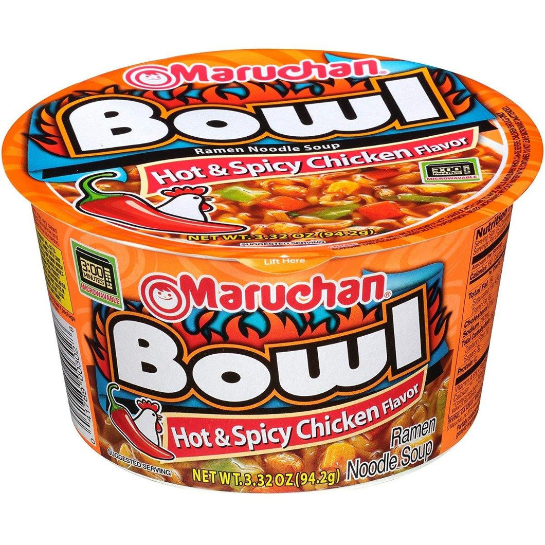 Maruchan Bowl Hot & Spicy Chicken Flavor Ramen Noodle Soup, 3.31 Oz (Pack of 6) - Oasis Snacks