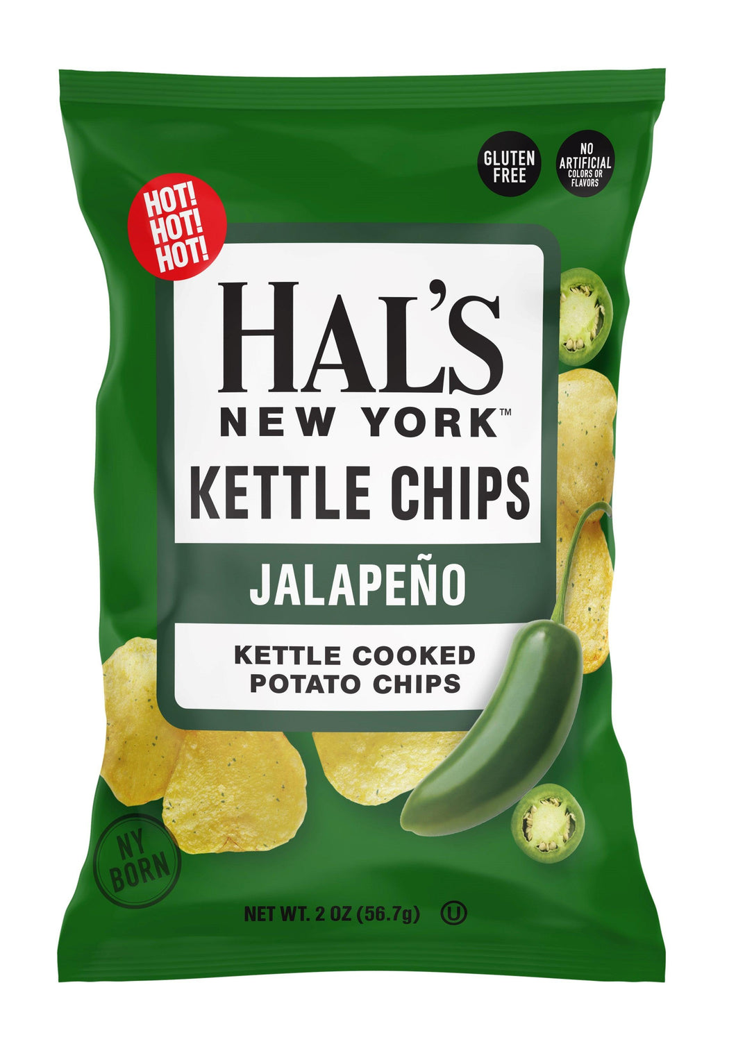 Hal's New York Kettle Cooked Gluten Free Potato Chips, Jalapeno, 2 oz (Pack of 24) - Oasis Snacks