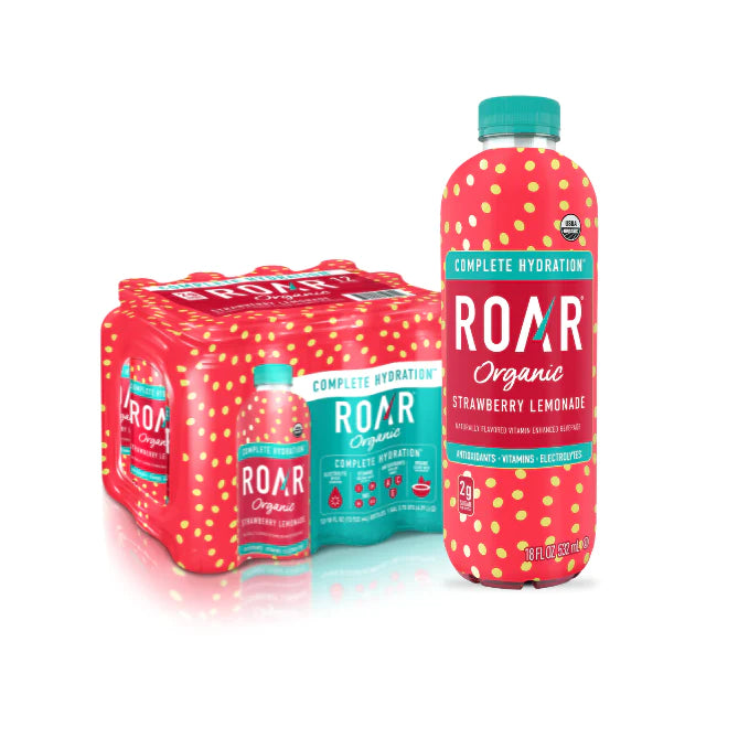 ROAR Complete Hydration Organic Drink, Strawberry Lemonade, 18 oz (Pack of 12)