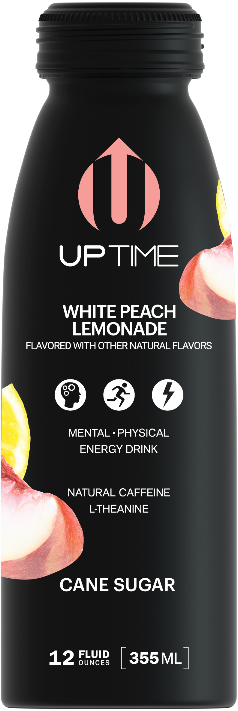 UPTIME Premium Energy Drink, White Peach Lemonade - Cane Sugar, 12oz Bottles - Multi Pack