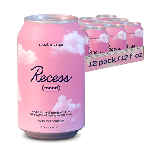 Recess Mood Magnesium Supplement Sparkling Water, Strawberry Rose, 12oz (Pack of 12) - Oasis Snacks