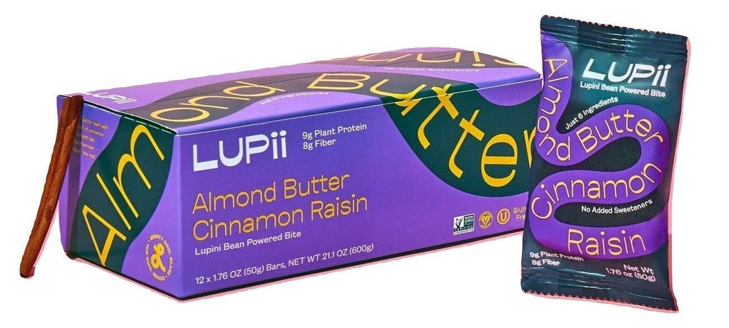 Lupii Lupini Bean Powered Bites, Almond Butter Cinnamon Raisin, 1.76 oz (Pack of 12) - Oasis Snacks