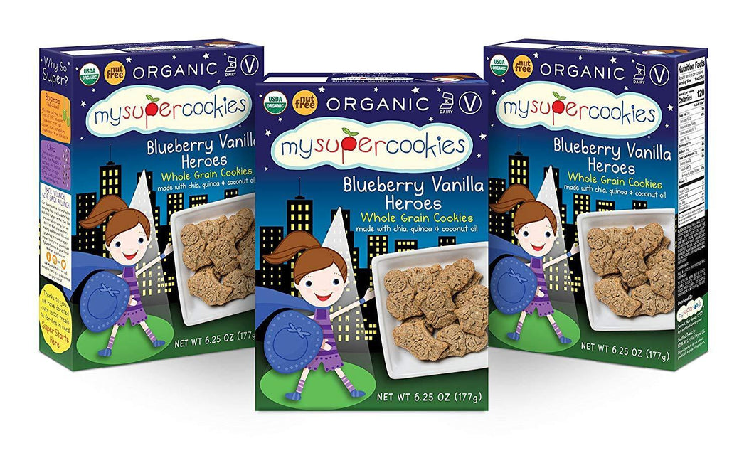 MySuperCookies Organic, Whole Grain & Nut Free Cookies, Blueberry Vanilla Heroes, 6.25oz (Pack of 3) - Oasis Snacks